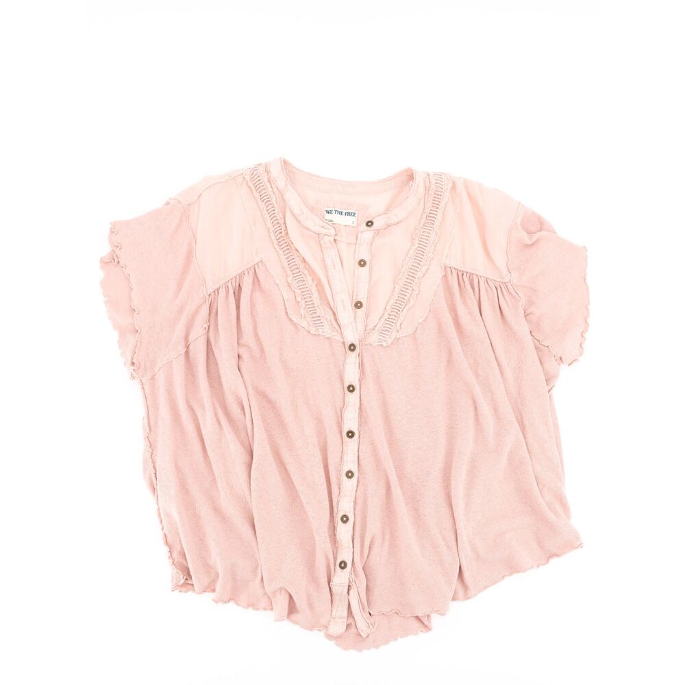 We The Free Womens Large Top Blouse Light Pink Boho Flowy Short Sleeve Top